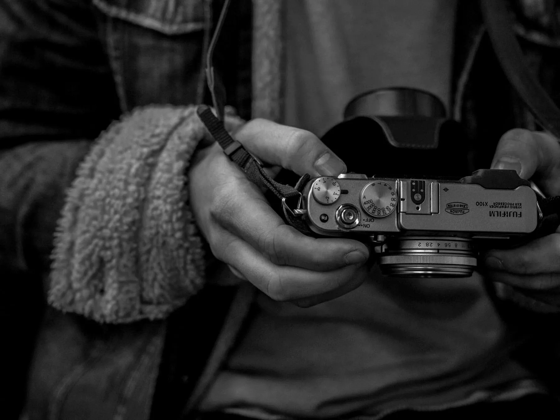 Hands holding a rangefinder camera