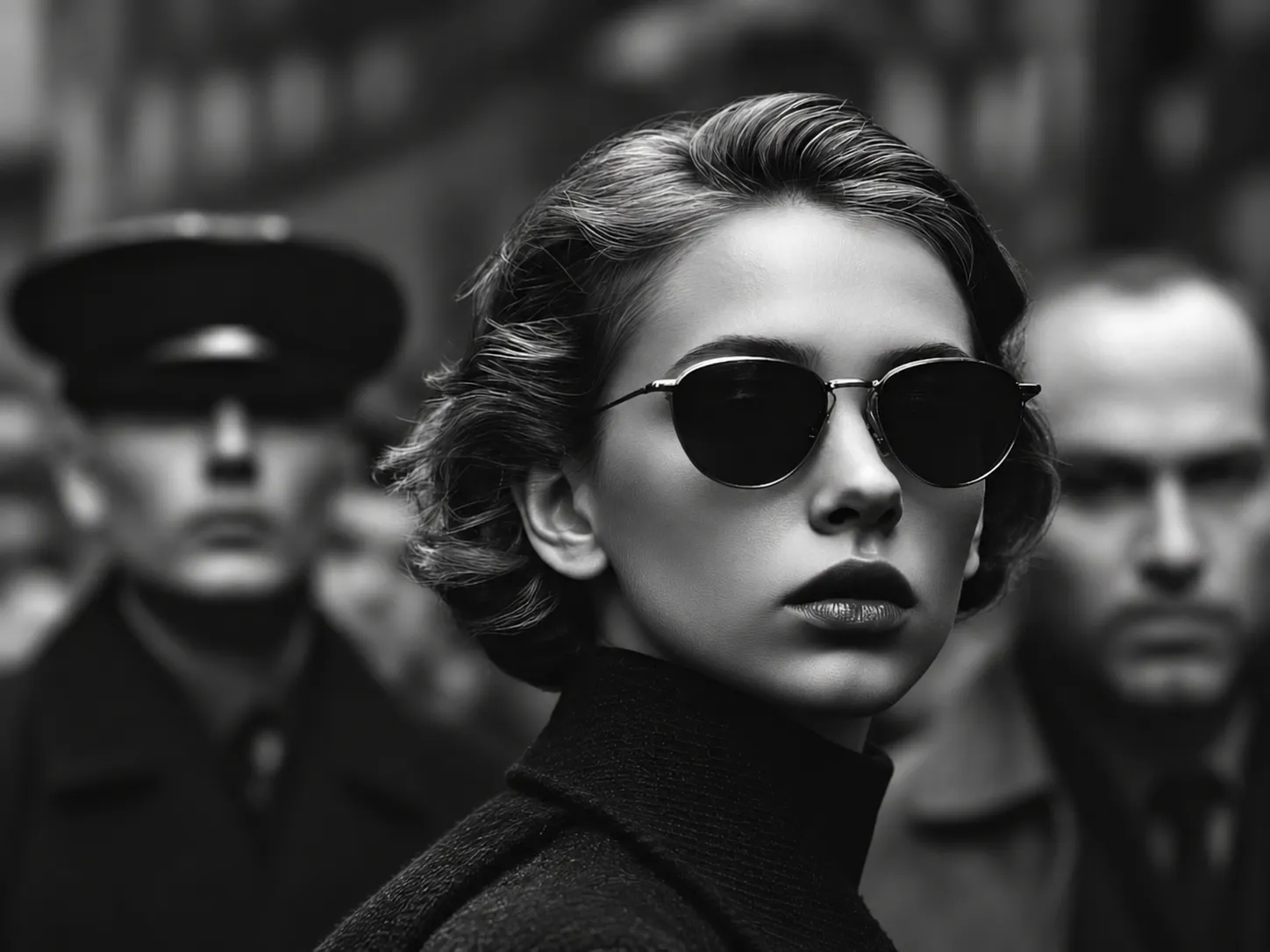 A woman in dark sunglasses and a black coat stands in a crowd, two men blurred behind her