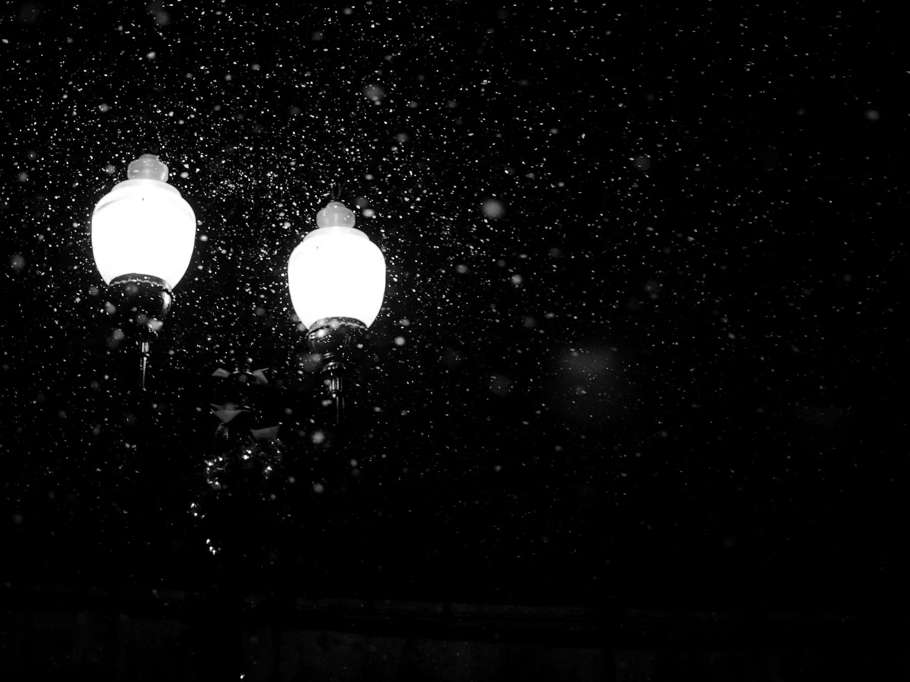 Two street lamps glowing in falling snow at night
